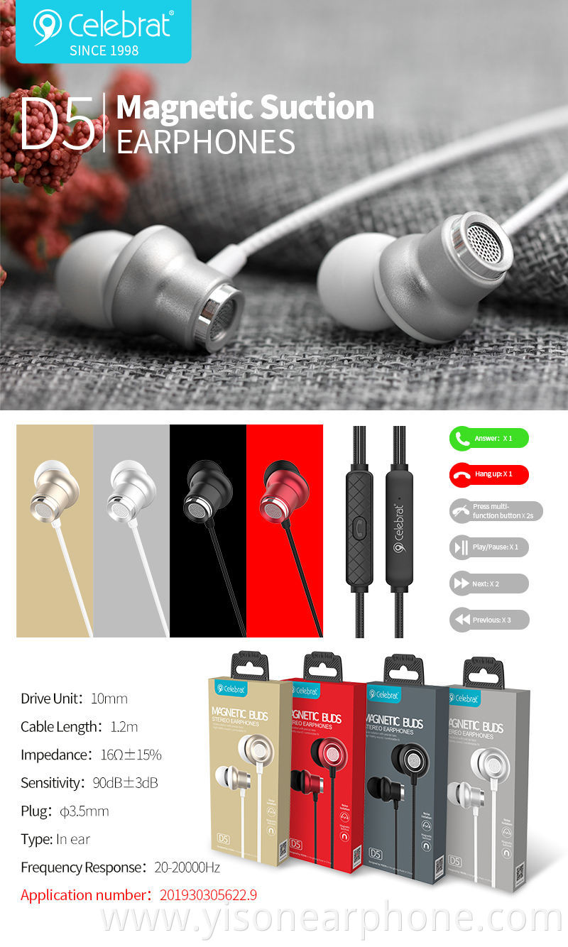 New D5 Magnetic Suction Earphones Wearing Comfortable Surround Sound Stereo Effects 3.5mm Audio Interface Wired Earphones